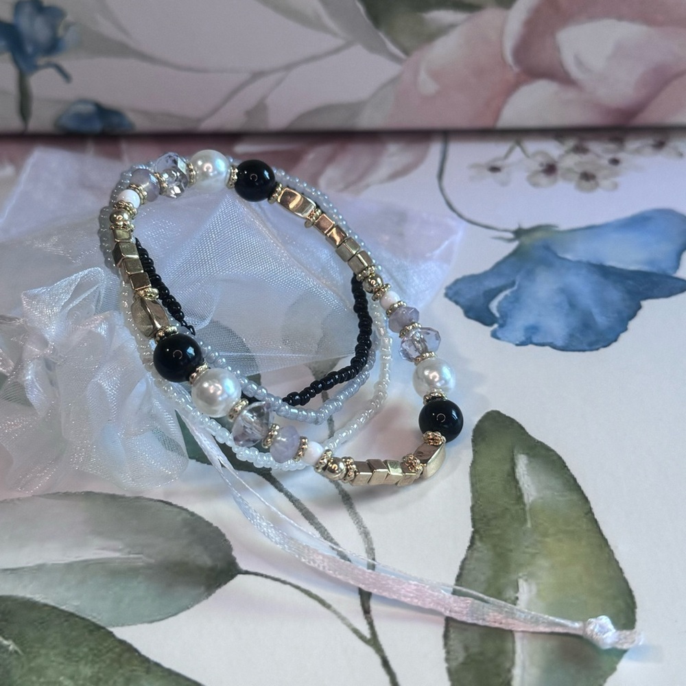 Gold and Black Beaded Bracelet Set